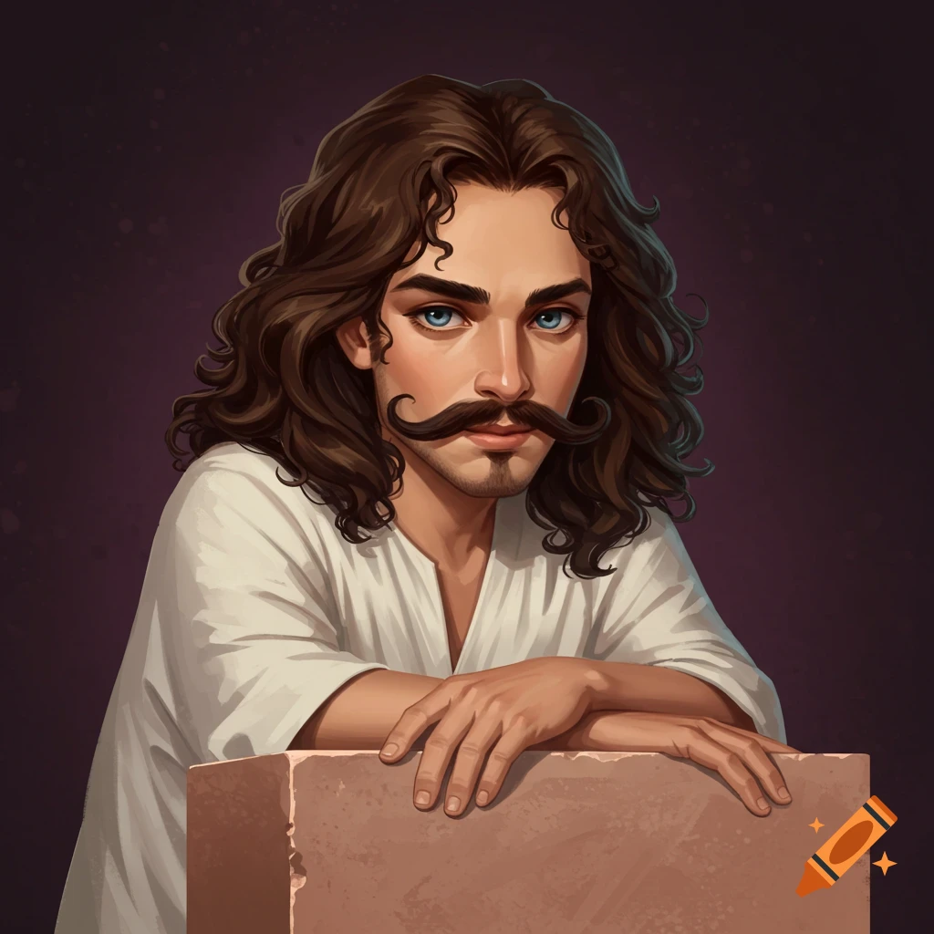 A man with long curly brown hair, a mustache, and a white shirt, leaning on a block.