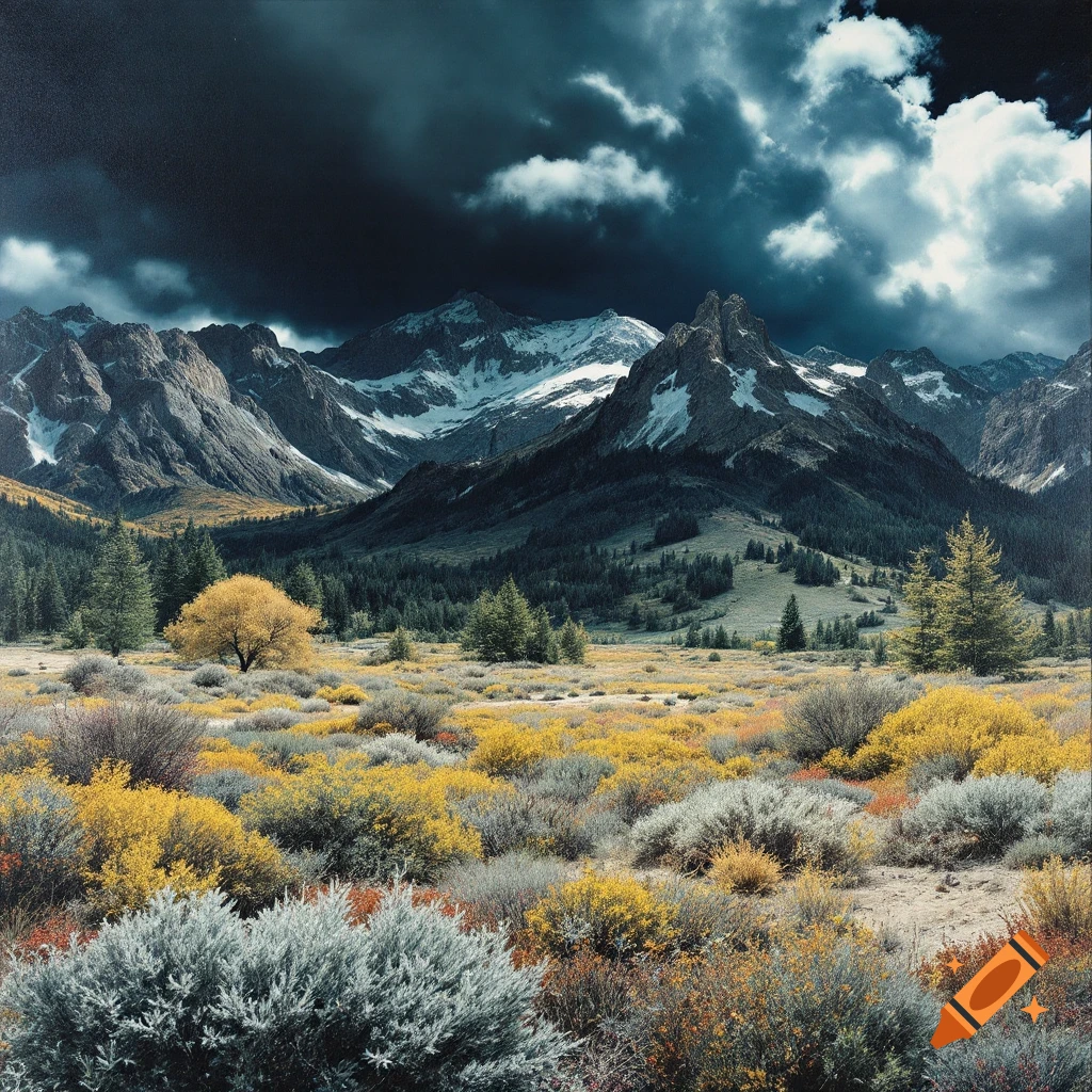 Colorized photographic landscape of mountains under stormy clouds, with fields of yellow and gray brush.
