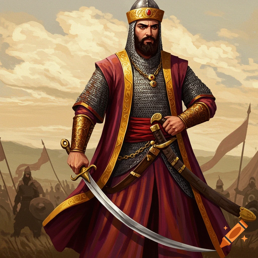 A historical warrior in armor with a sword, standing before soldiers.