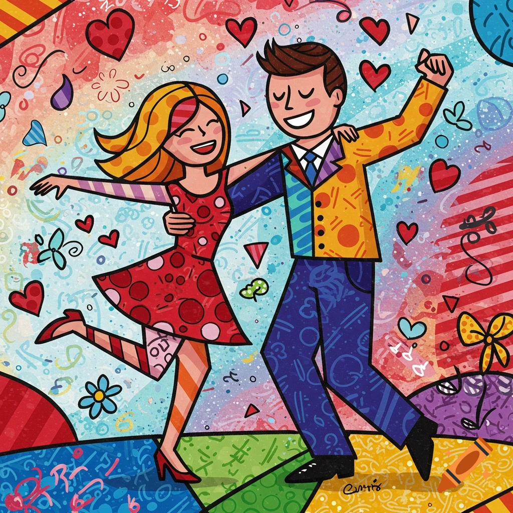 A colorful, geometric drawing of a couple dancing in the style of Romero Britto.