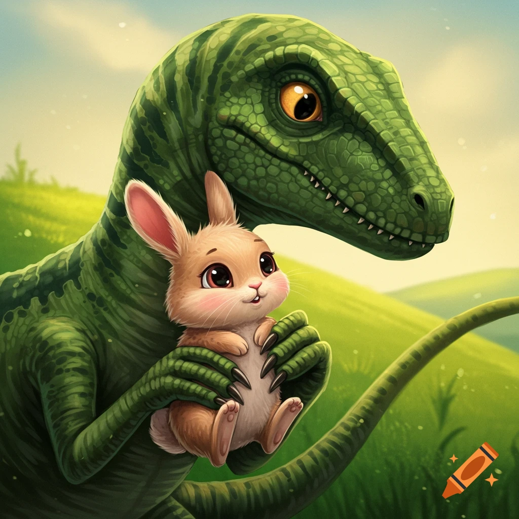 A large green velociraptor gently holding a small brown bunny in a grassy landscape.