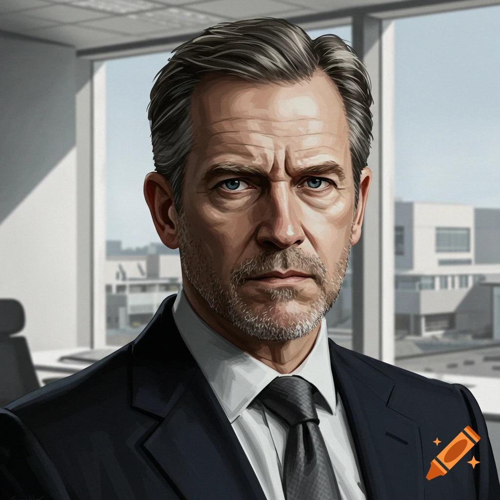 A serious man in a suit looks at the camera from an office.