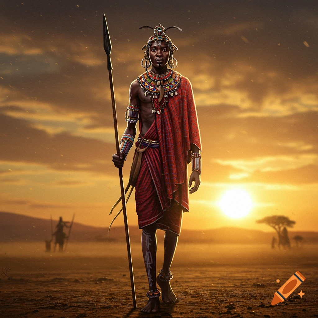 A Maasai warrior holding a spear against a sunset sky.