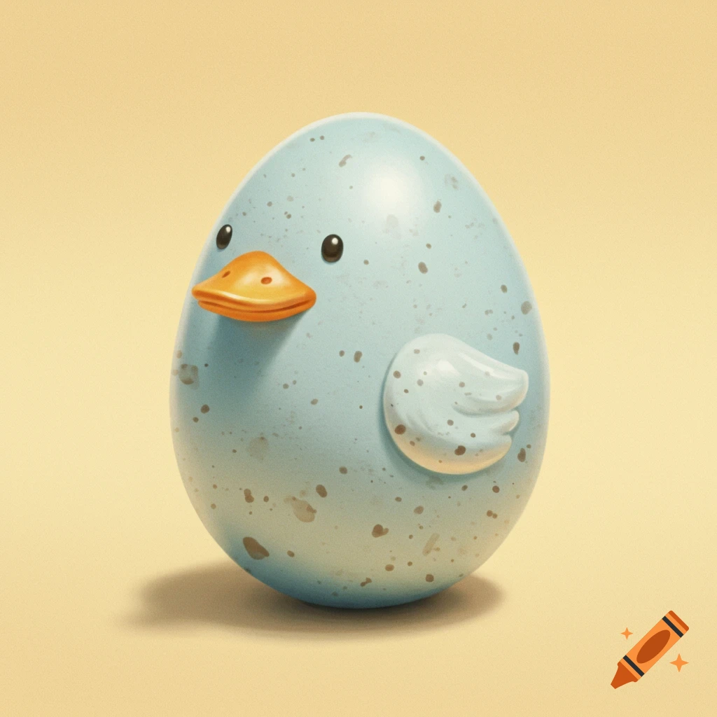 A blue speckled egg shaped like a duck.