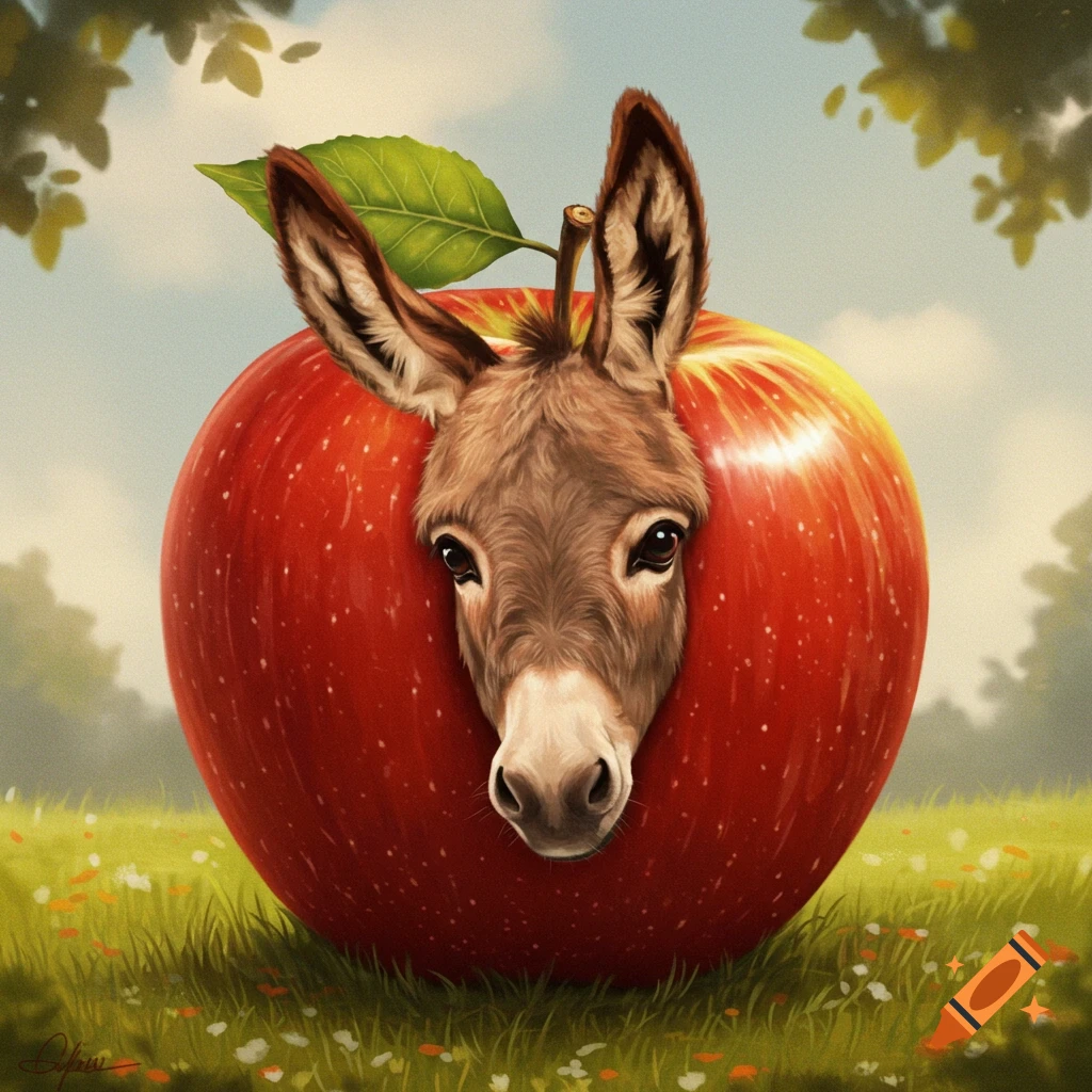 A donkey's head is shown coming out of a large red apple in a grassy field.