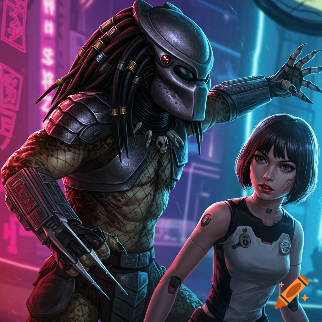 The Predator and M3GAN doll in a futuristic city