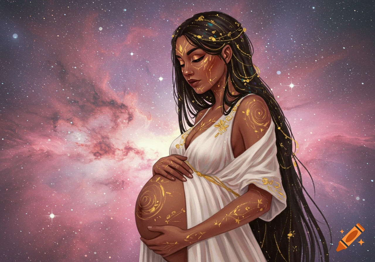 A pregnant goddess with golden celestial patterns on her skin, set against a galaxy background.