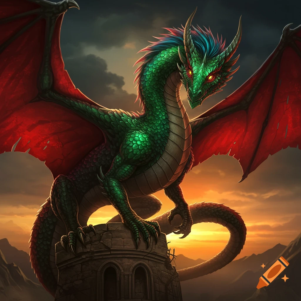A large green dragon with red wings perches on a ruined tower against a sunset sky.