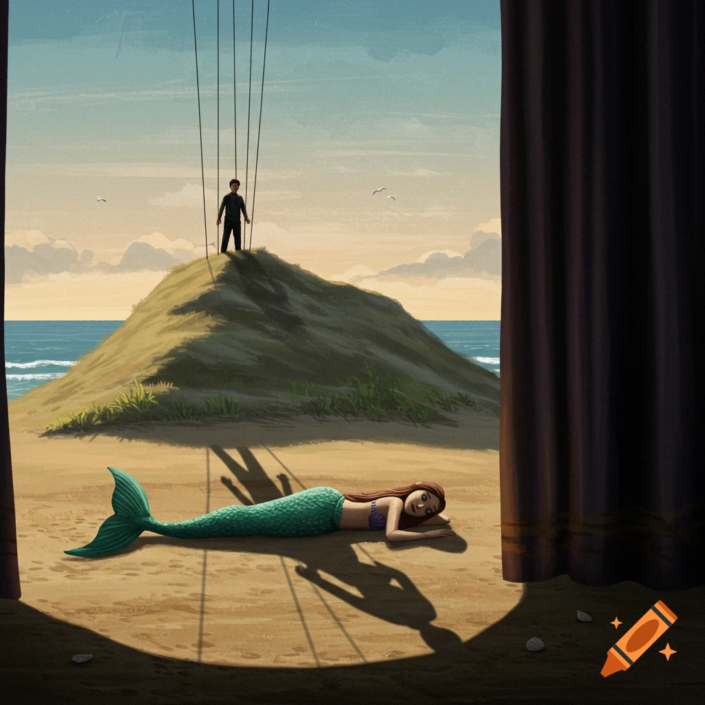 A surreal beach scene with a puppet master on a hill and a mermaid puppet below, viewed through a stage curtain.