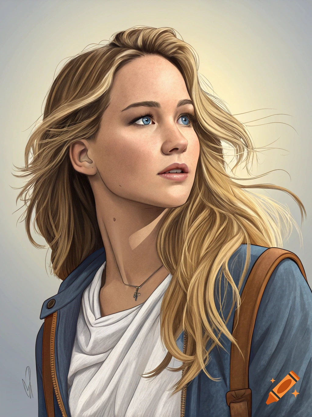 Digital illustration of a young woman with blonde hair and blue eyes looking upwards, wearing a blue jacket and backpack.