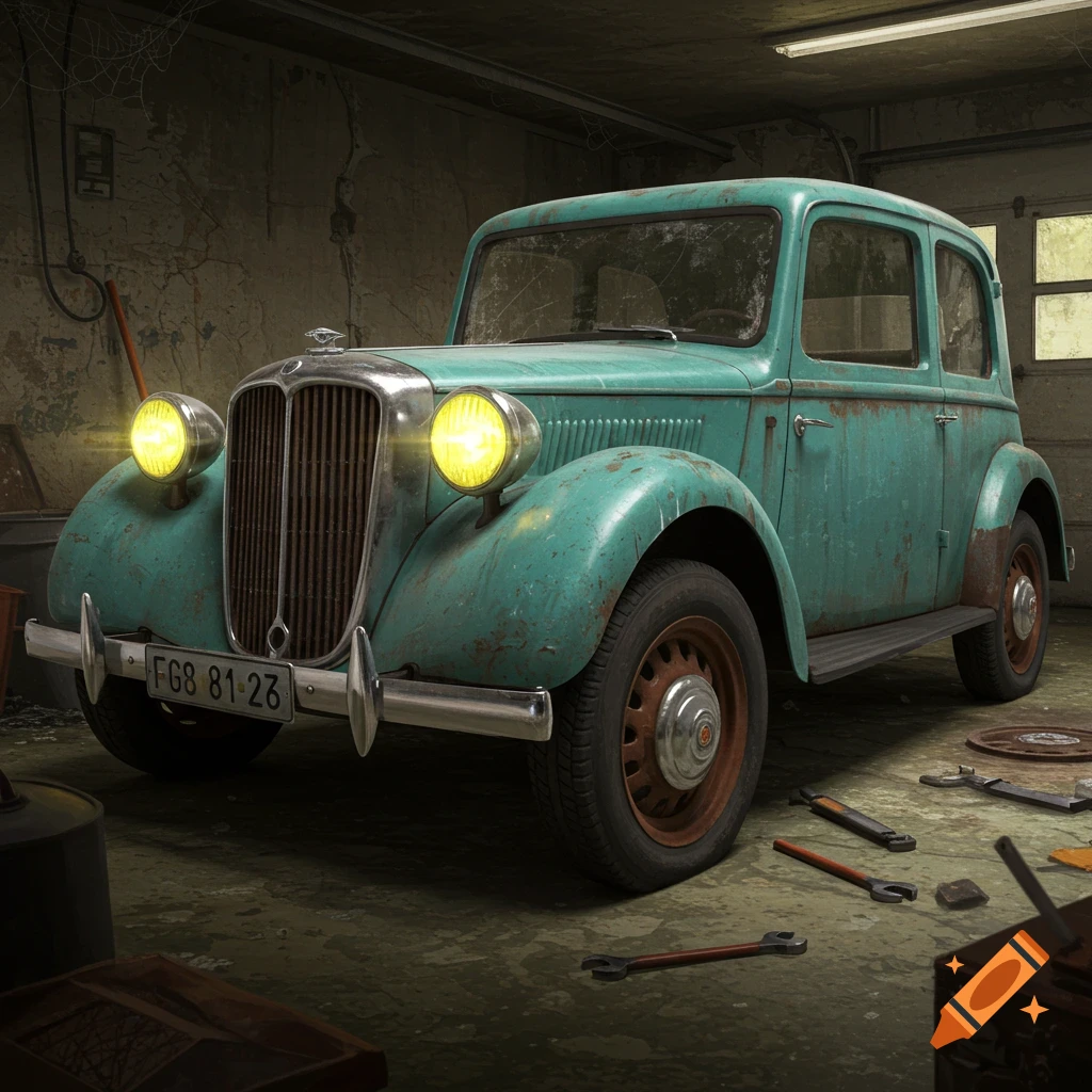 An old, rundown turquoise car parked in a dimly lit garage with tools scattered on the floor.