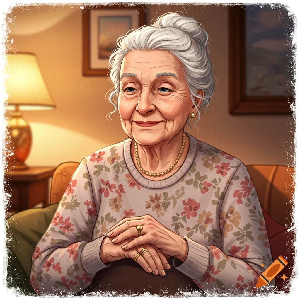 A smiling elderly woman sitting on a couch.