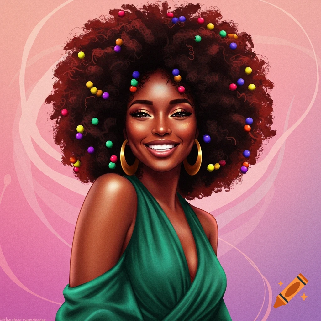 A Black woman with curly hair, colorful beads, green dress, and hoop earrings is smiling.