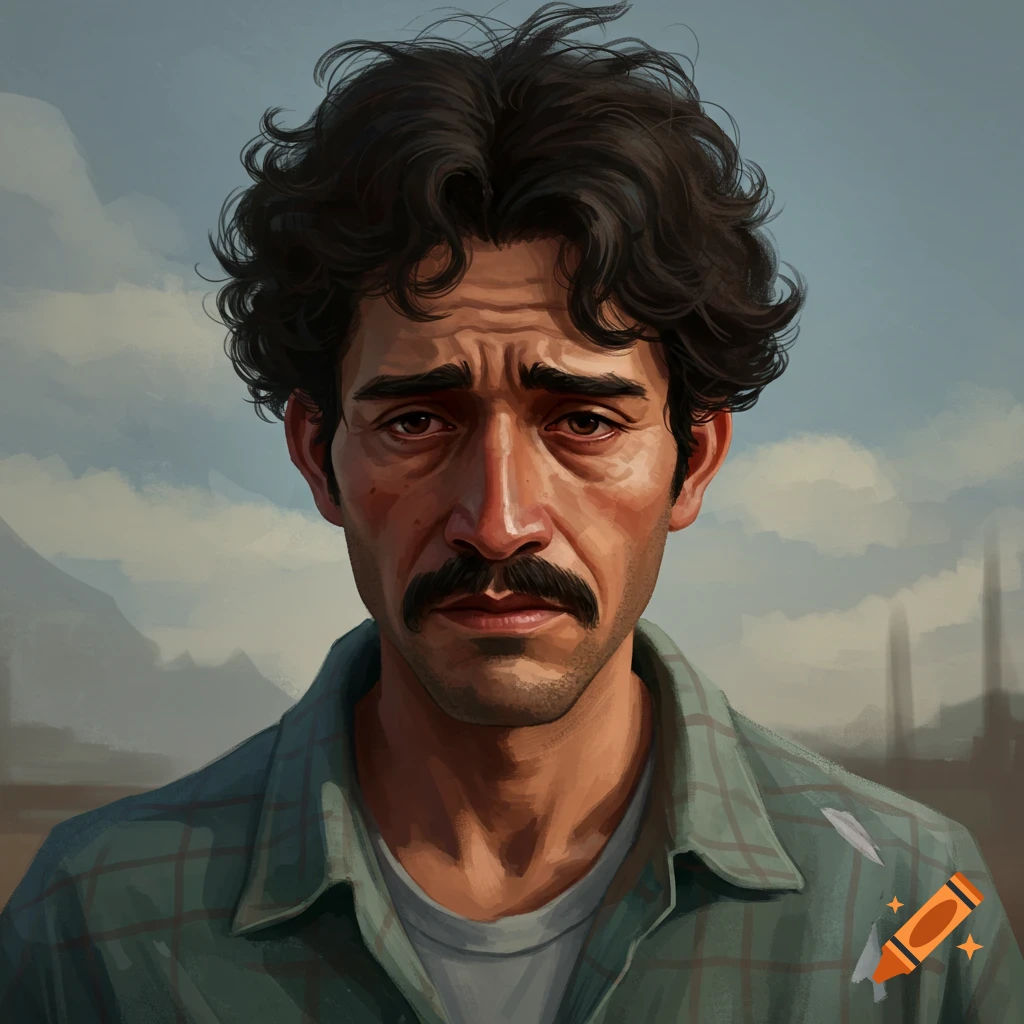 A sad man with a mustache is wearing a plaid shirt.