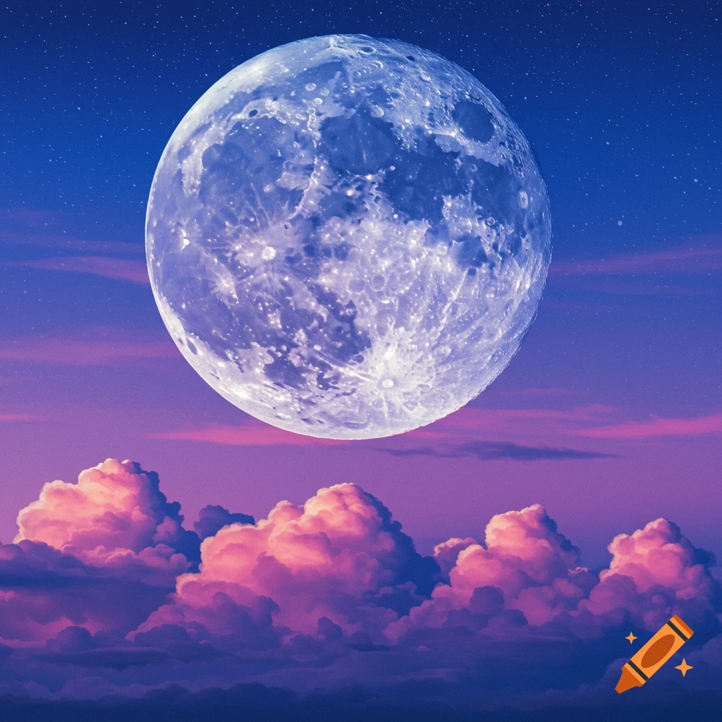 A large full moon hangs in a starry sky above pink and purple clouds at sunset.