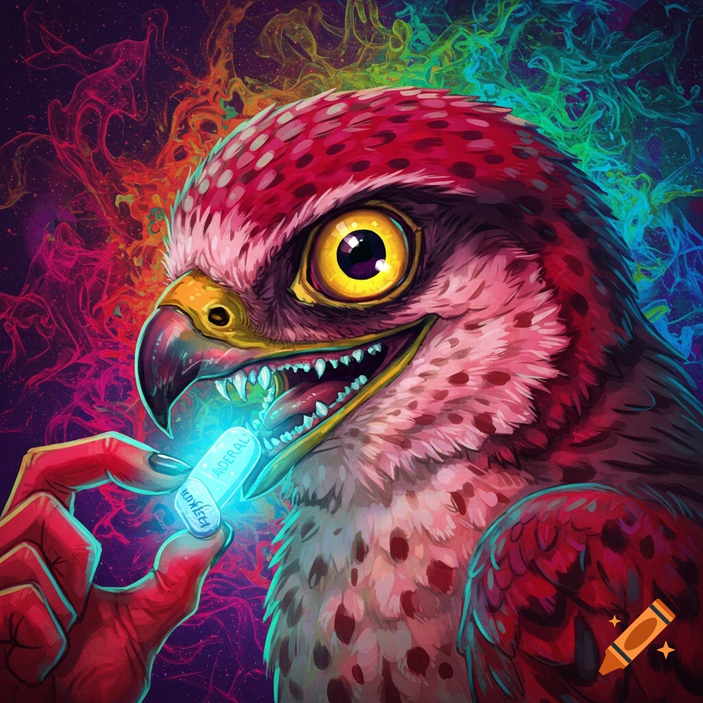 A cartoonish falcon with red feathers and yellow eyes holds a glowing white pill.