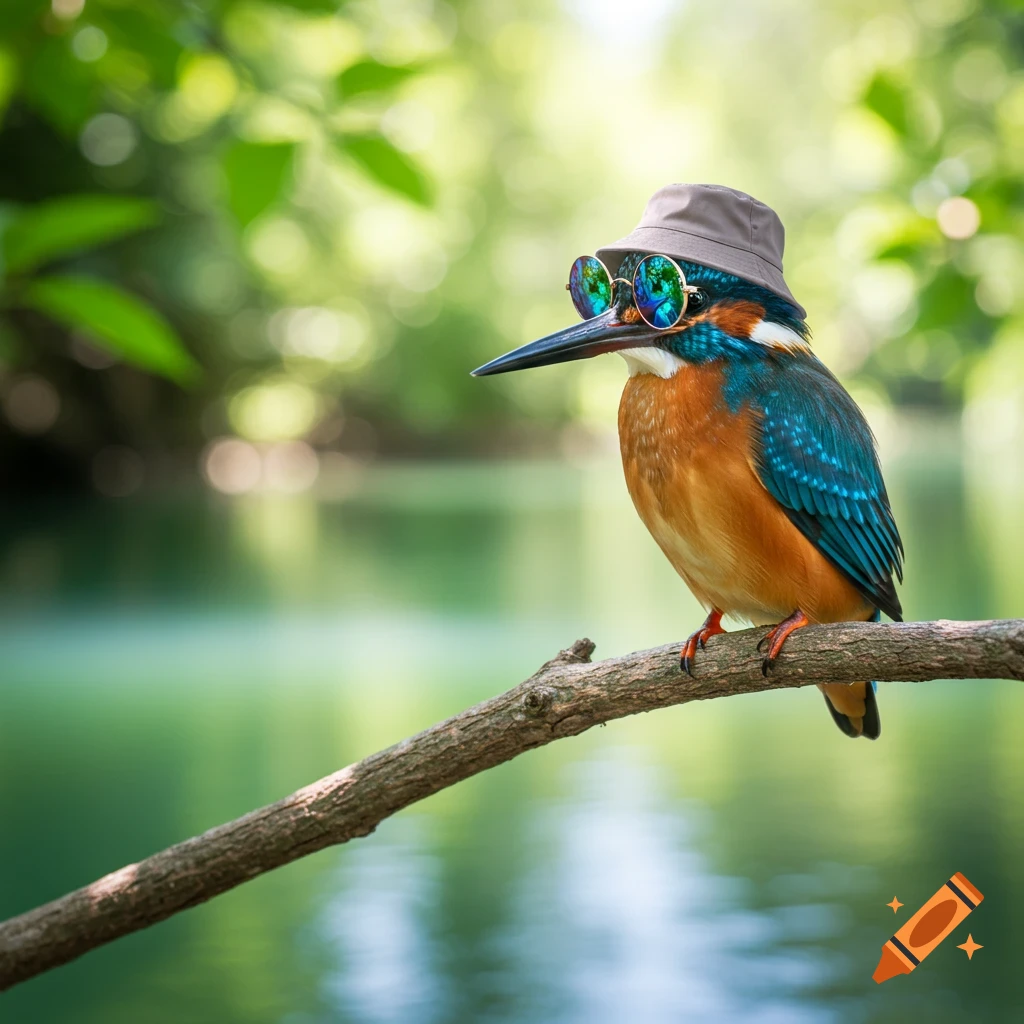 A kingfisher bird wearing sunglasses and a bucket hat sits on a branch by a pond.