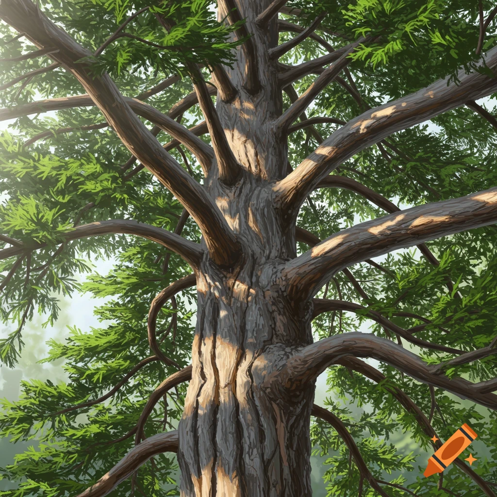 A large cedar tree trunk and branches