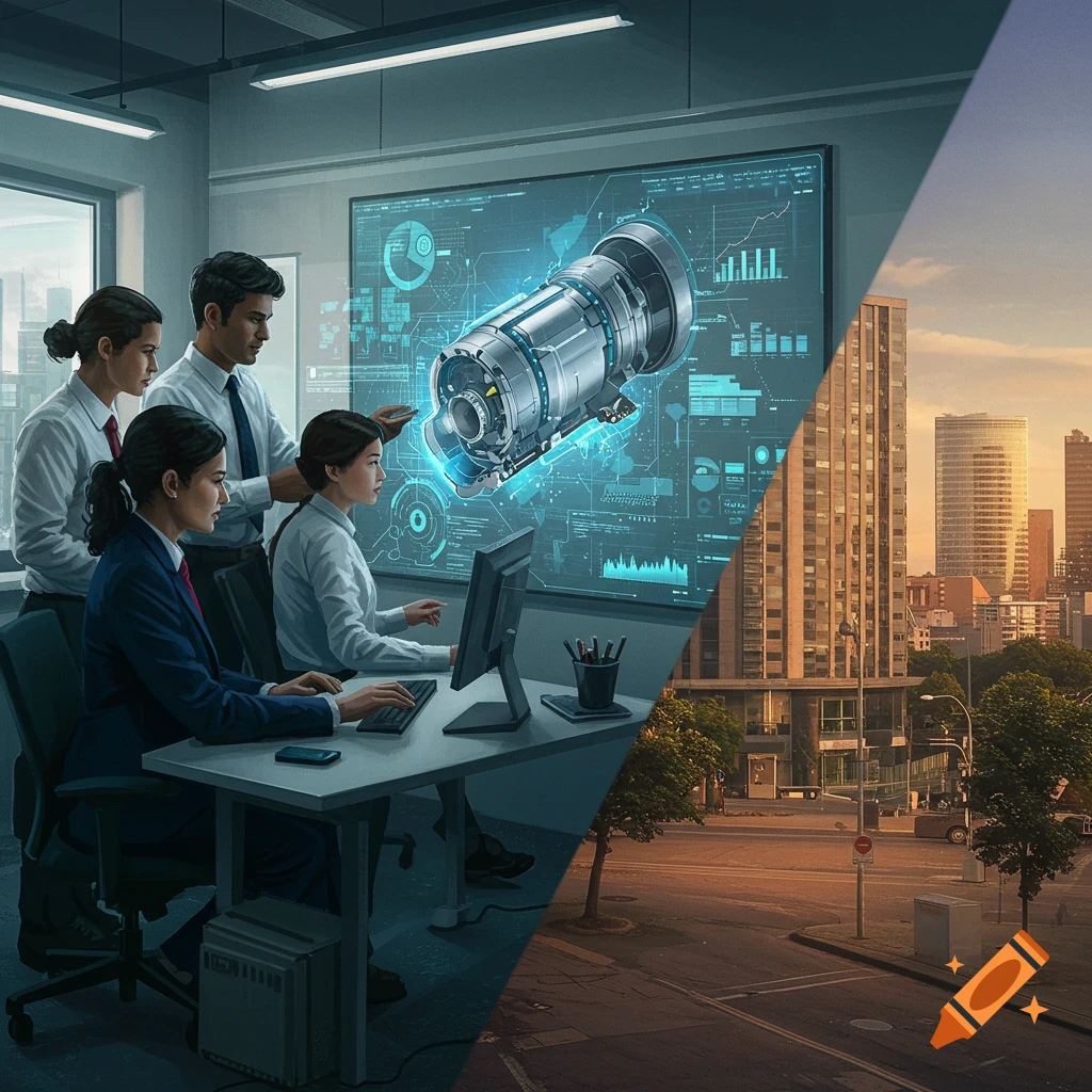 People look at a large screen showing a device diagram and data, split with a city view.