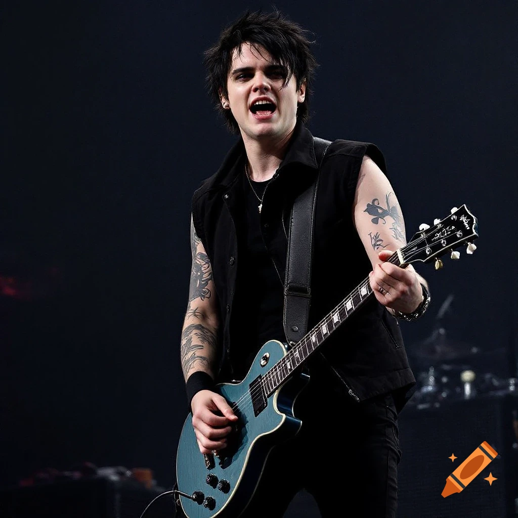A musician with dark spiky hair and tattoos plays a blue electric guitar on stage.