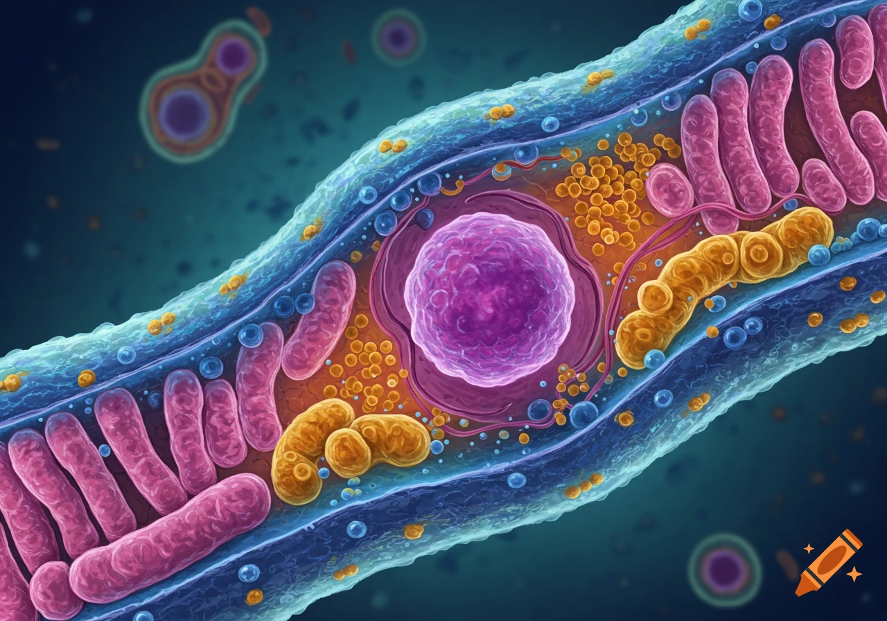 An animal cell showing nucleus, mitochondria, and other organelles.