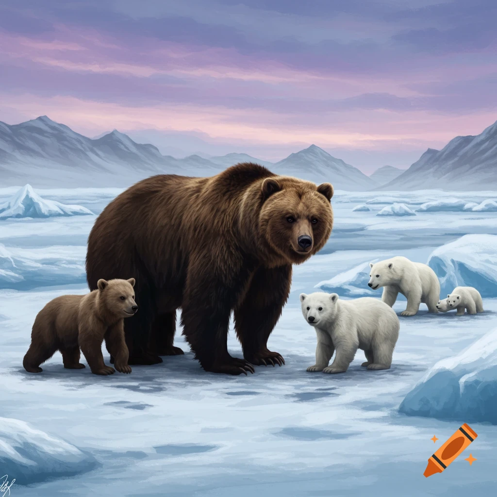 A brown bear stands on ice with several polar bear cubs, mountains in the background.