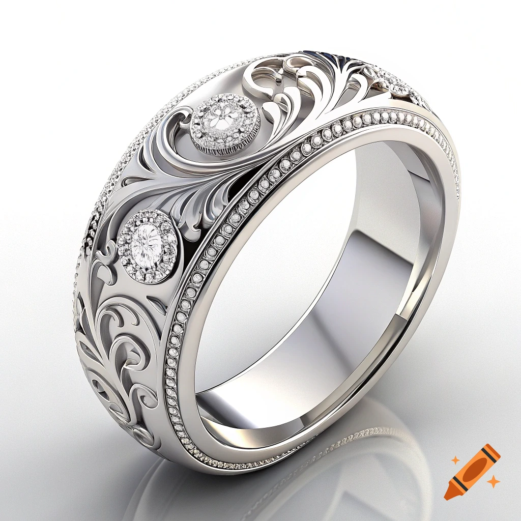 Close-up of an intricate silver ring with scrollwork and diamonds