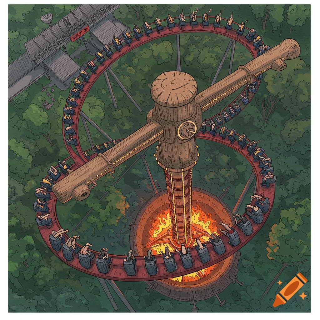 Illustration of a unique roller coaster ride featuring a large central wooden tower and fire pit, seen from above.