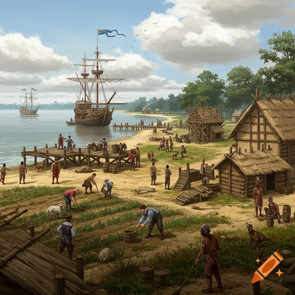 A colonial settlement by the water with ships, people working, and farming.