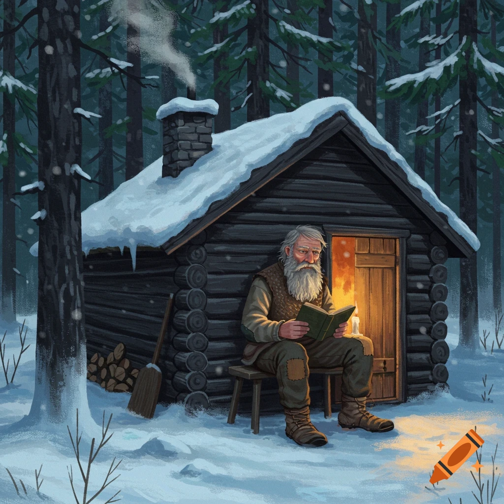 An old man with a beard sits outside a snowy log cabin, reading a book.