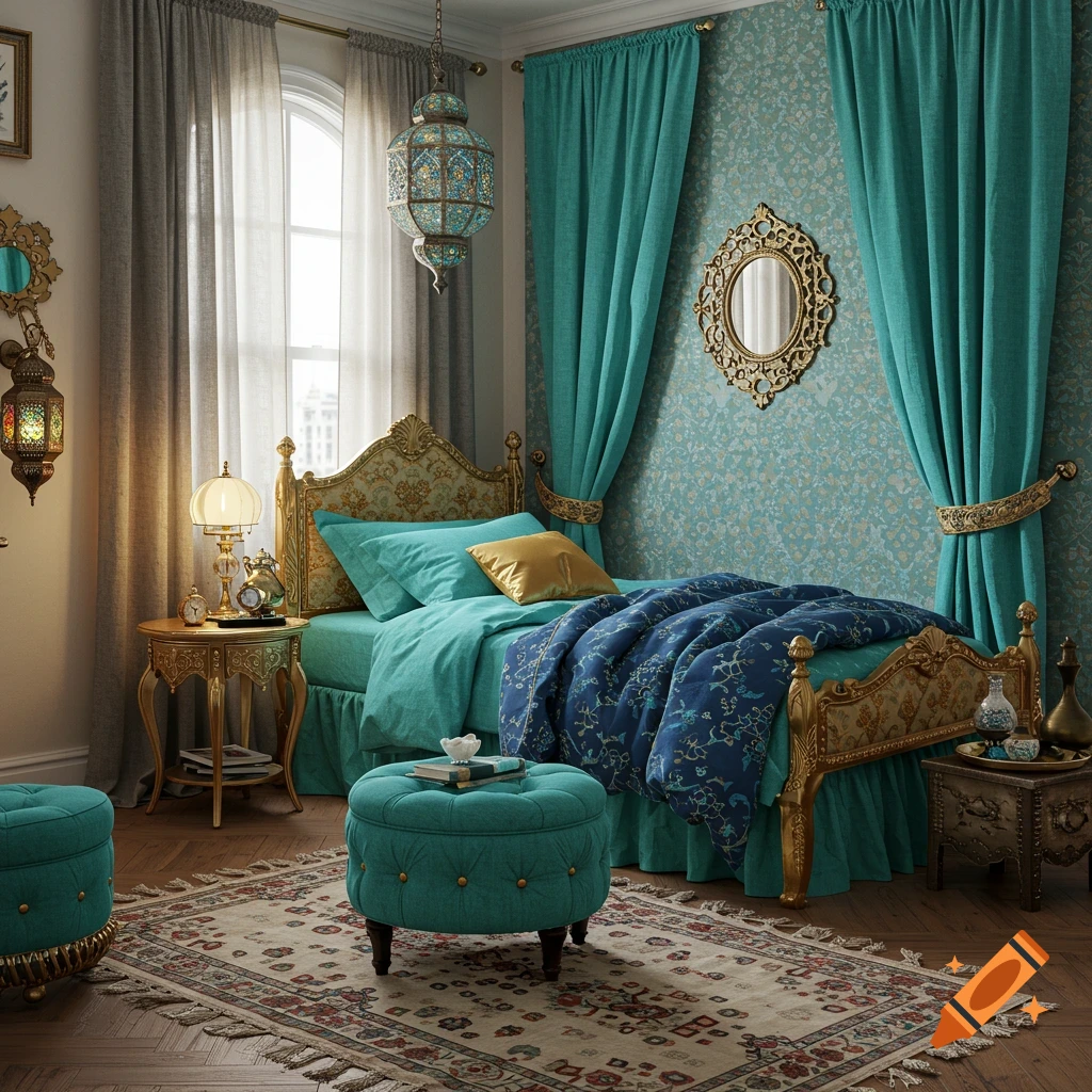 An opulent Princess Jasmine-inspired bedroom with gold and turquoise decor, a large bed, ottomans, lanterns, and intricate rug.