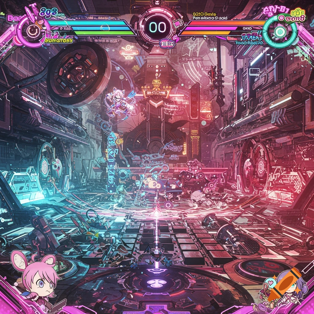 Futuristic arena fighting game screenshot with neon lights and anime characters.