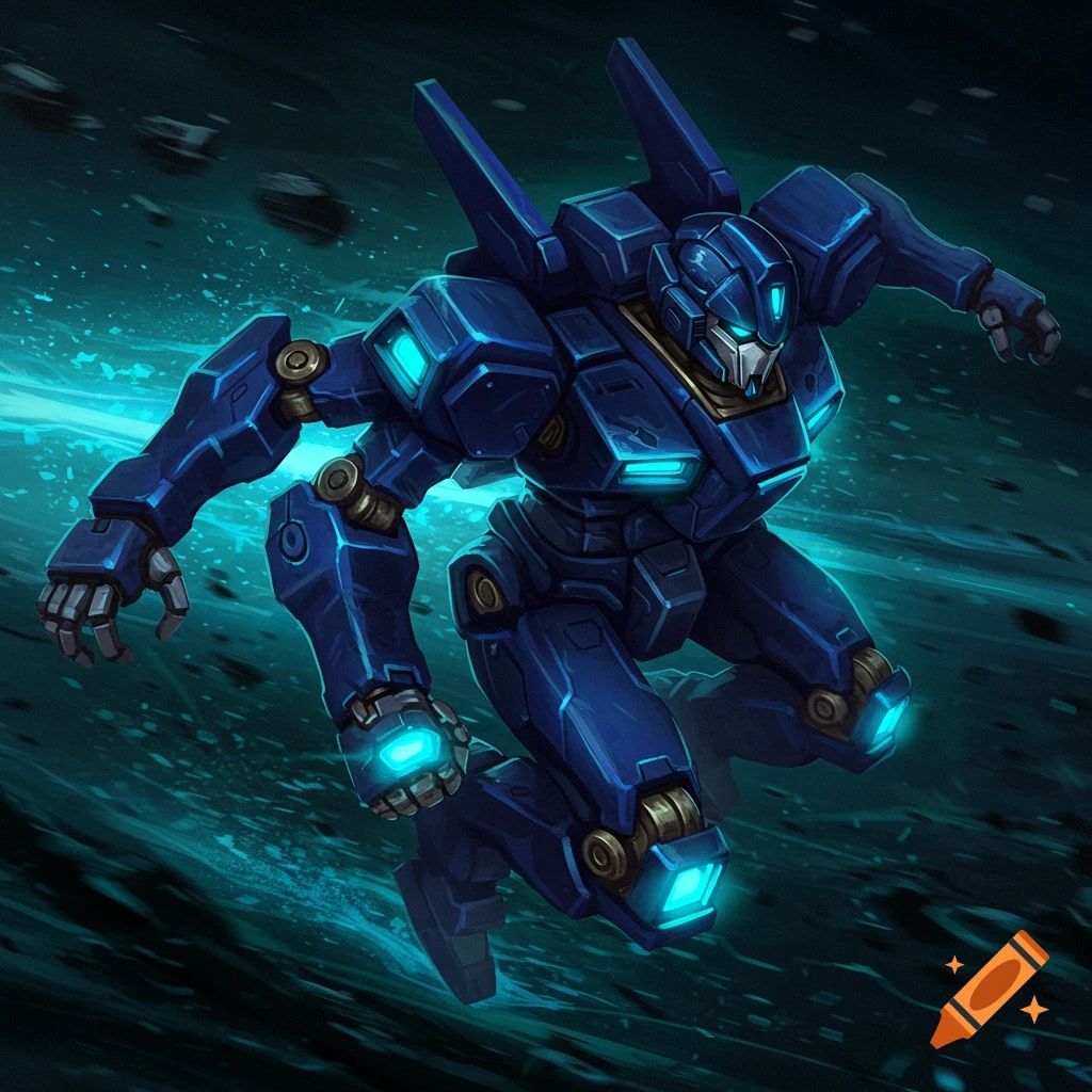A blue robot with glowing accents, in a dynamic pose in a dark, watery or space-like environment.