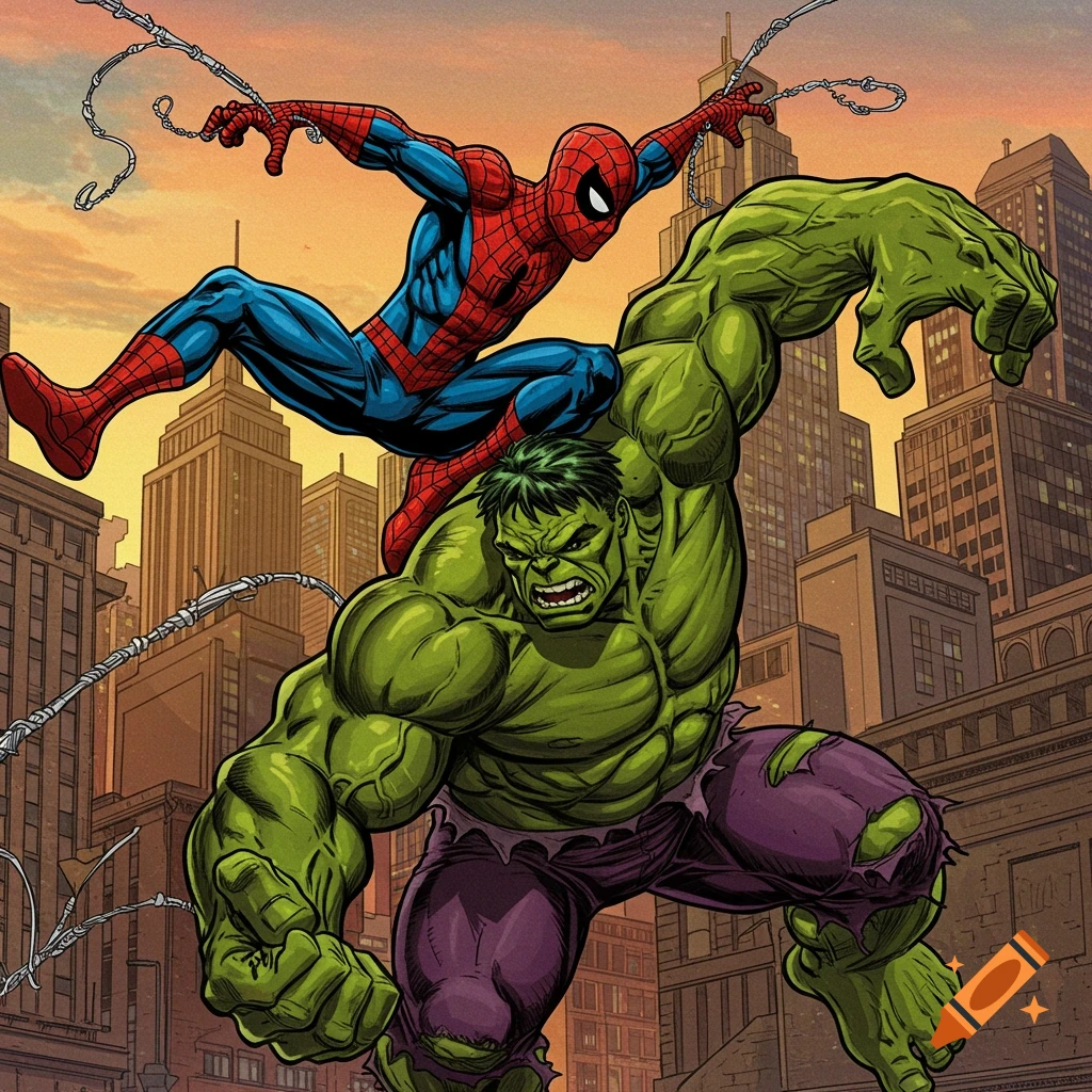 Comic art of Spider-Man leaping over Hulk against a city skyline.