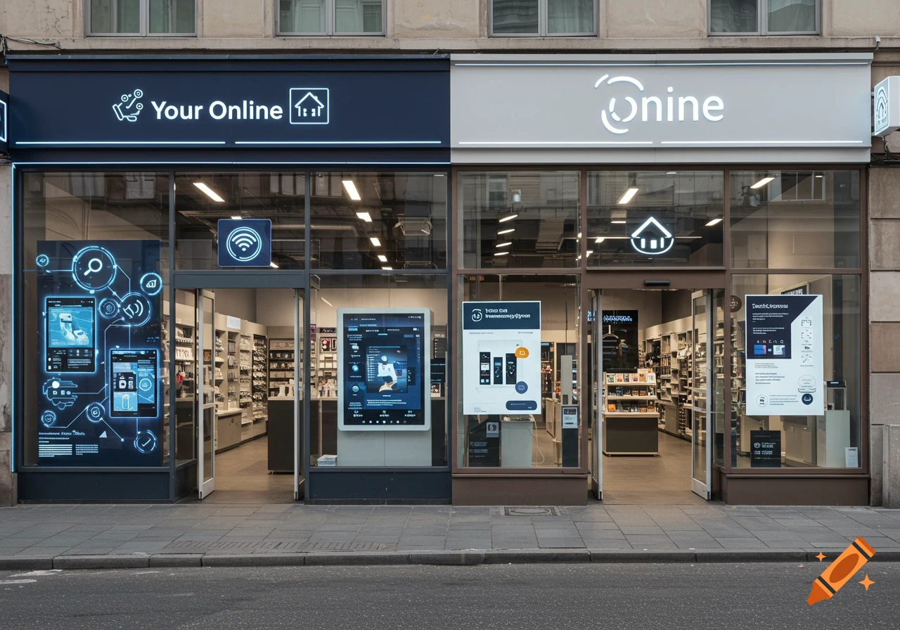 Photorealistic image of a modern retail storefront split vertically, with glowing tech displays on the left and a standard shop on the right.