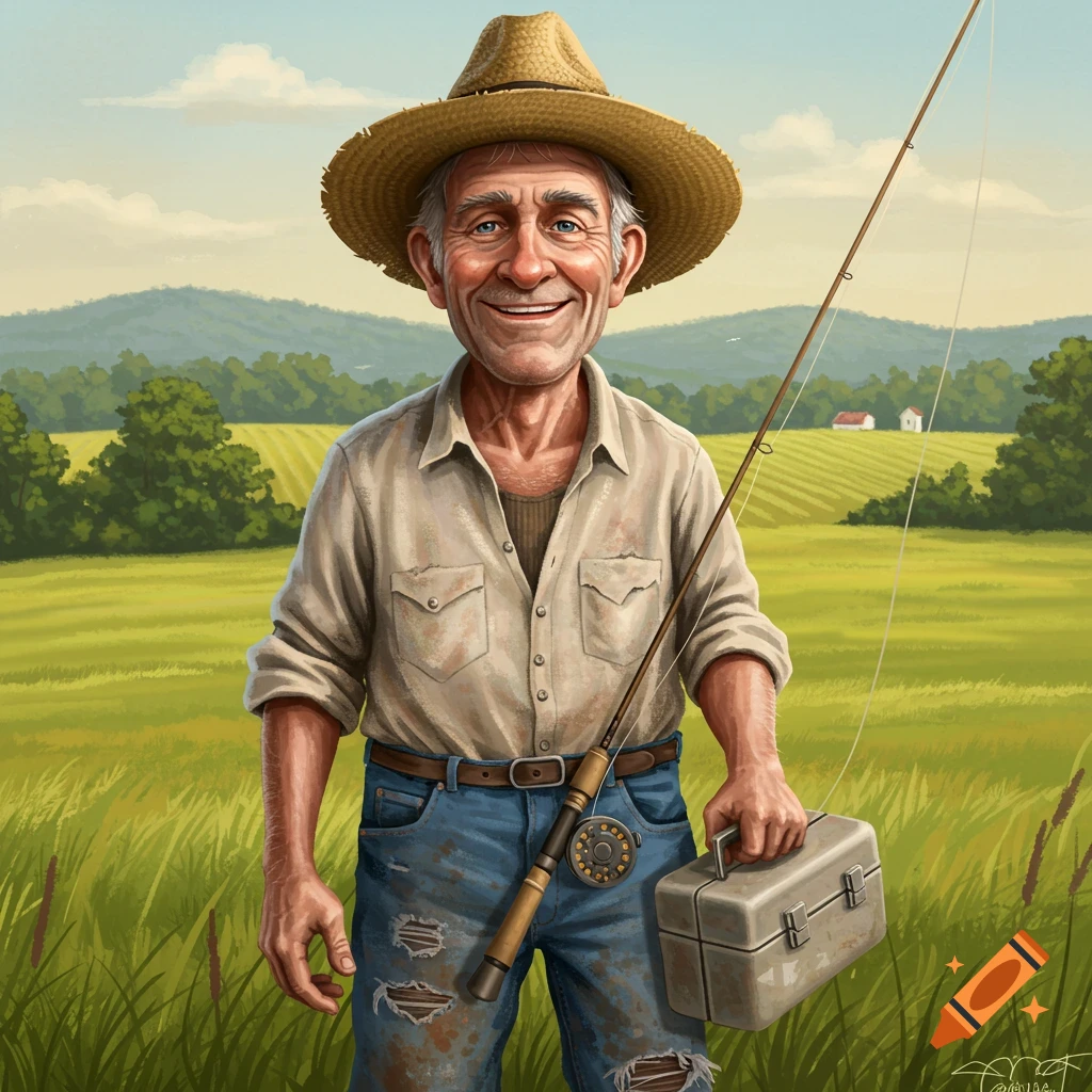 An older man in a straw hat holds a fishing rod and tackle box in a grassy field.
