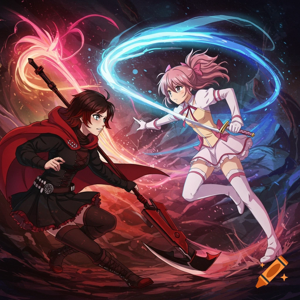 Two anime girls, one with a scythe and one with a sword, battling with magical energy.
