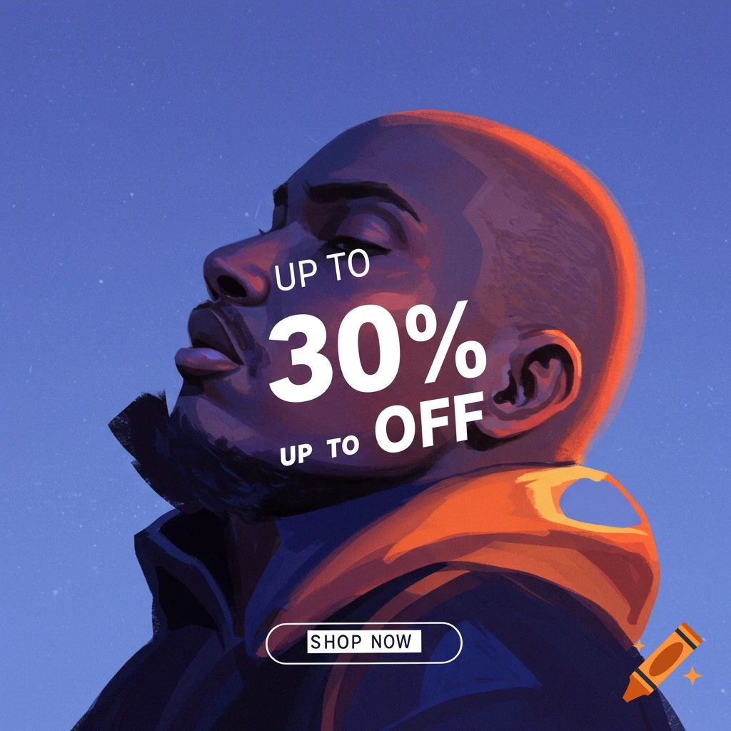 Portrait of a person looking up with 'UP TO 30% OFF' text overlay and a 'SHOP NOW' button.