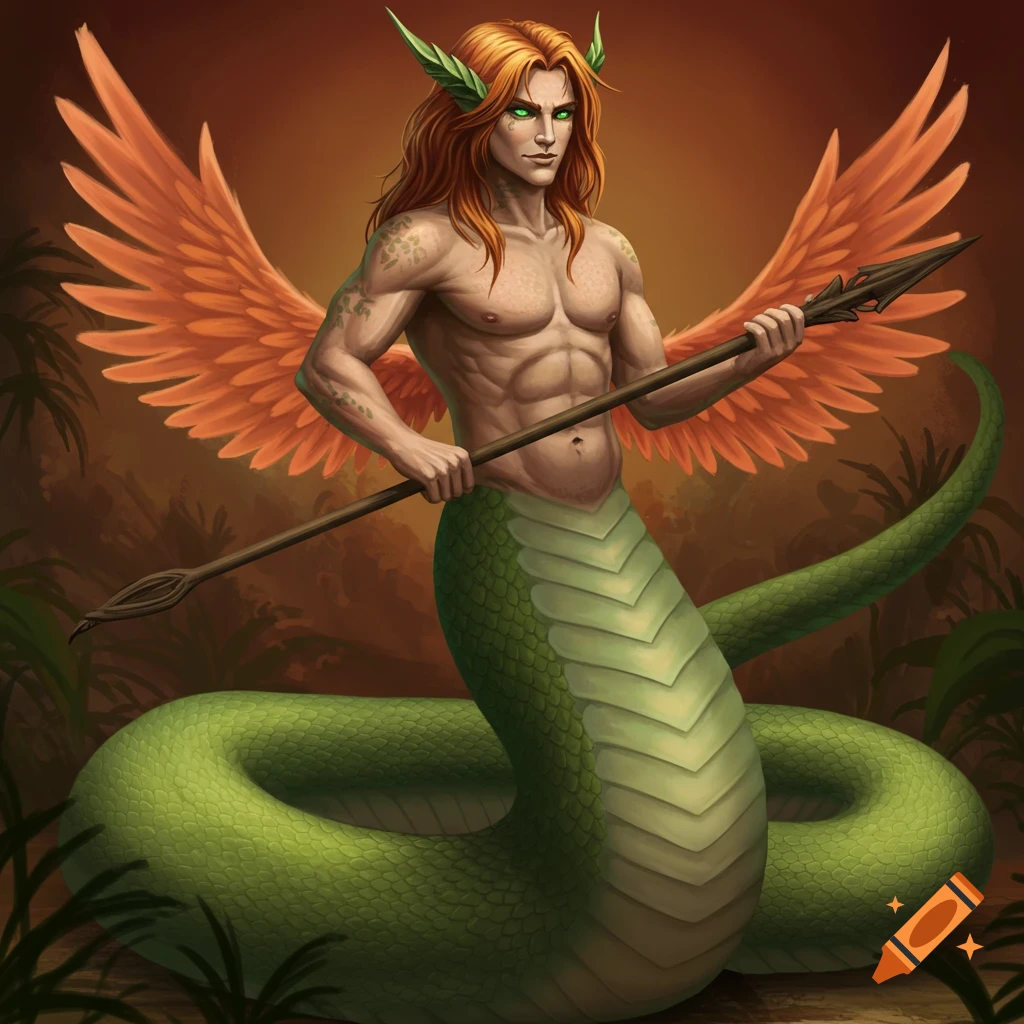 A male naga with ginger hair, wings, and snake body, holding a spear in a jungle setting.