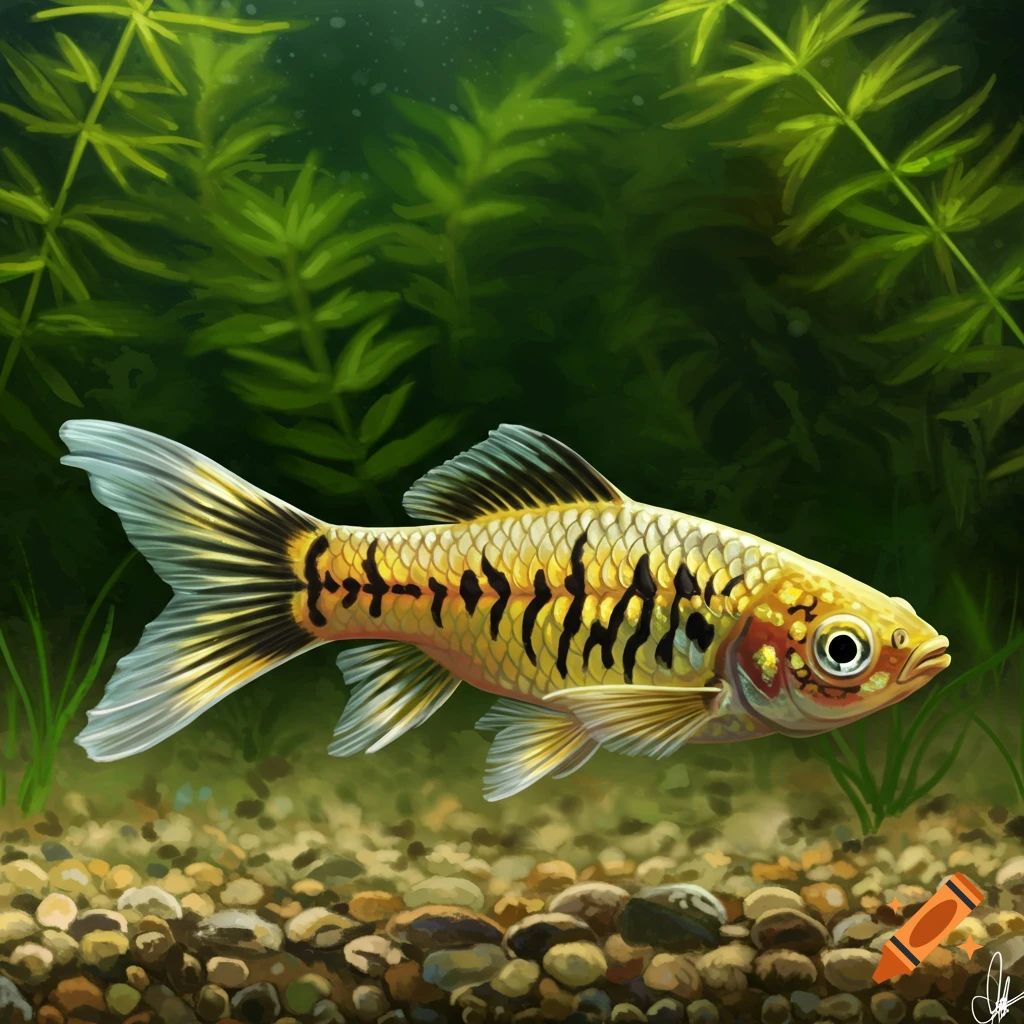 a gold and black striped fish swimming in an aquarium with green plants.