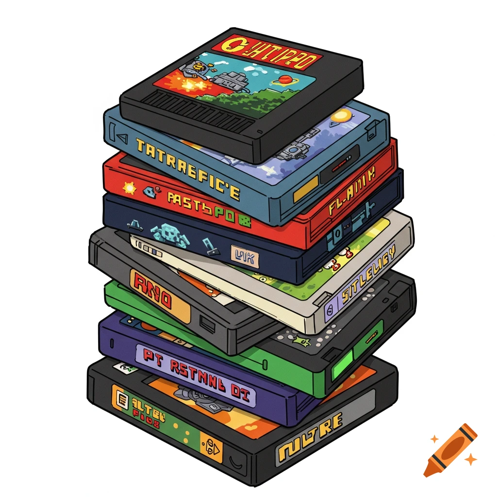 Stack of colorful, retro video game cartridges in cartoon style.