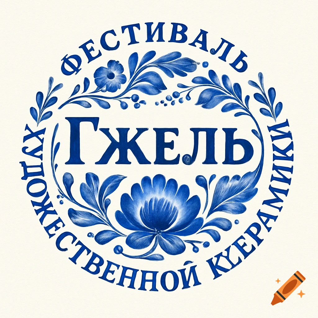 Logo in Gzhel style with blue floral motifs and Russian text: Festival Gzhel Artistic Ceramics.