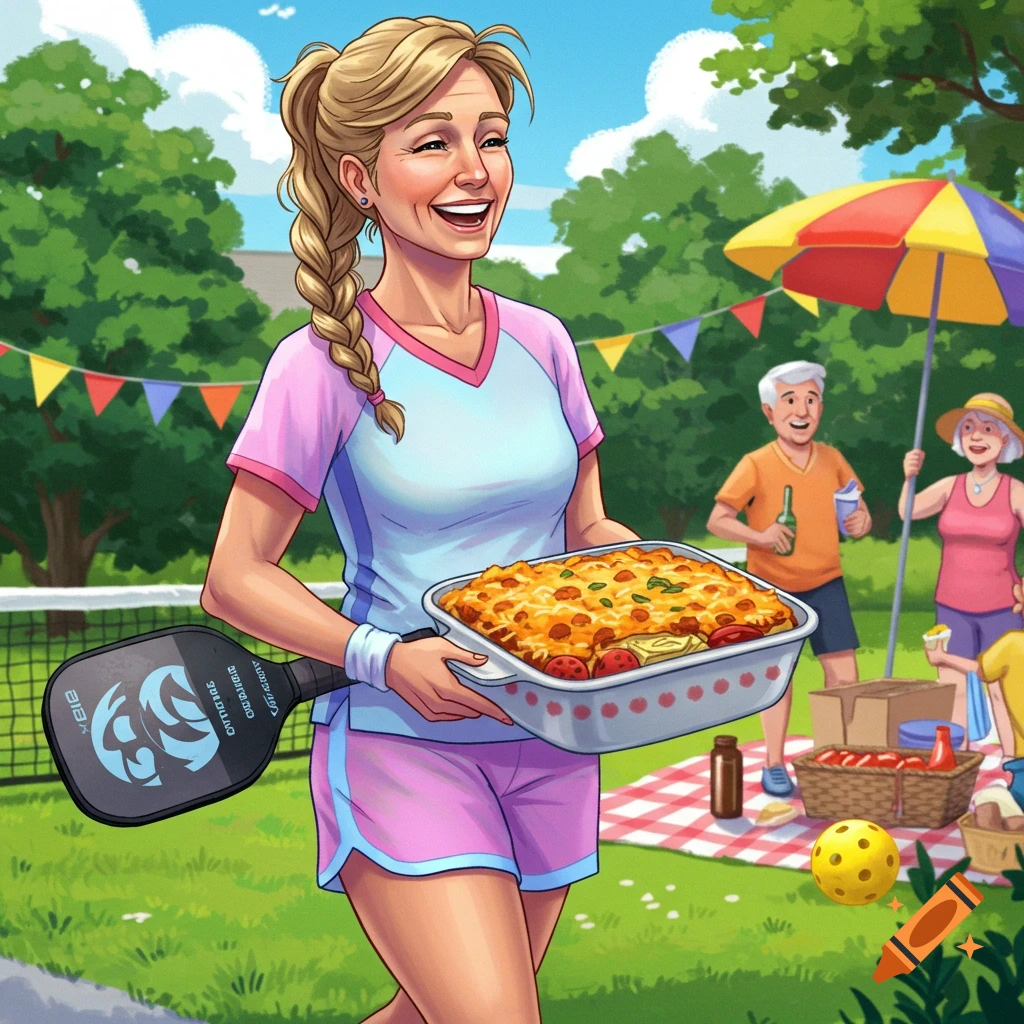 A woman holds a dish and pickleball paddle at an outdoor potluck.