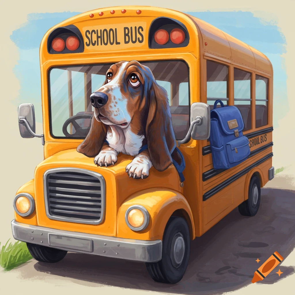A basset hound leans out of a yellow school bus.