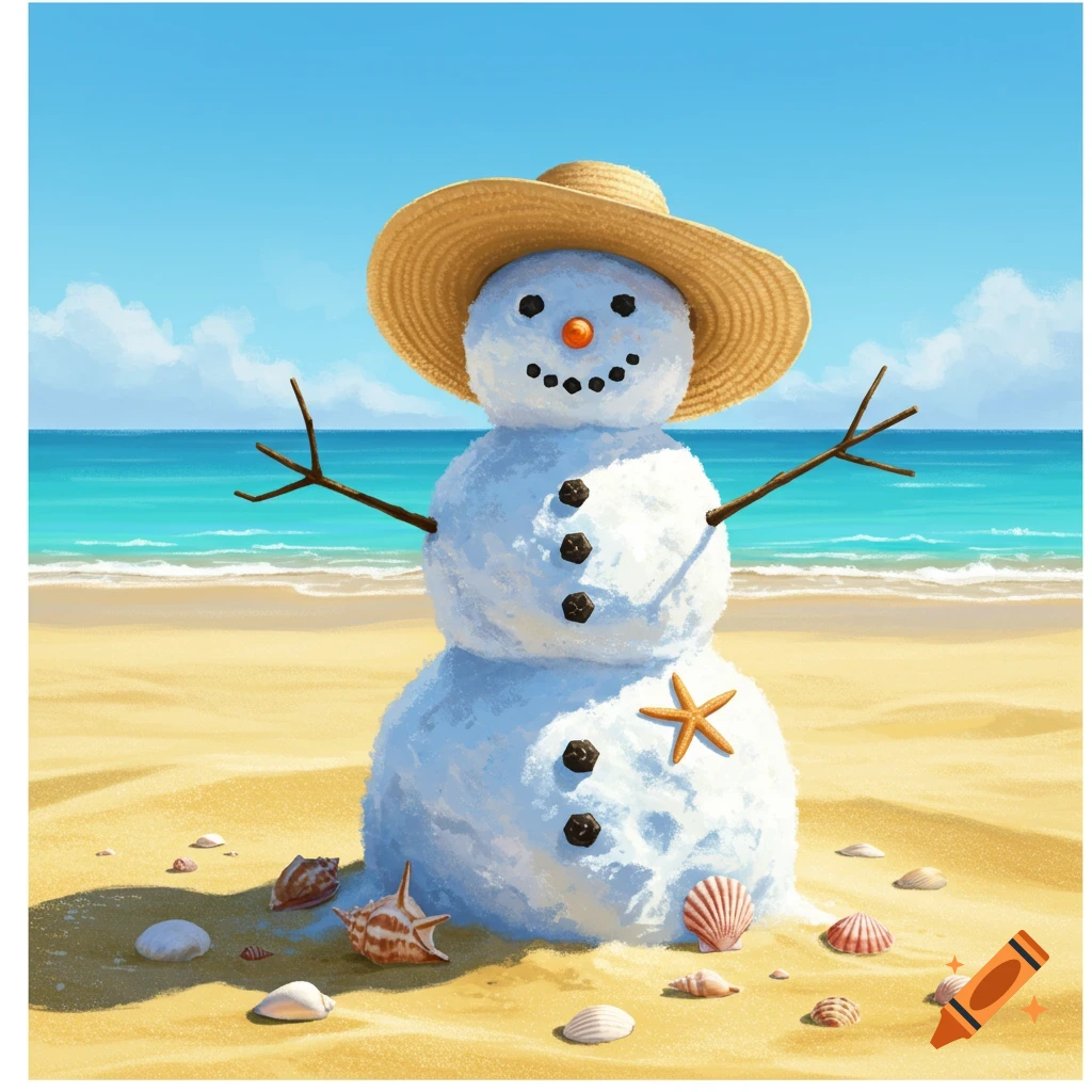 A snowman wearing a straw hat on a sunny beach with seashells.