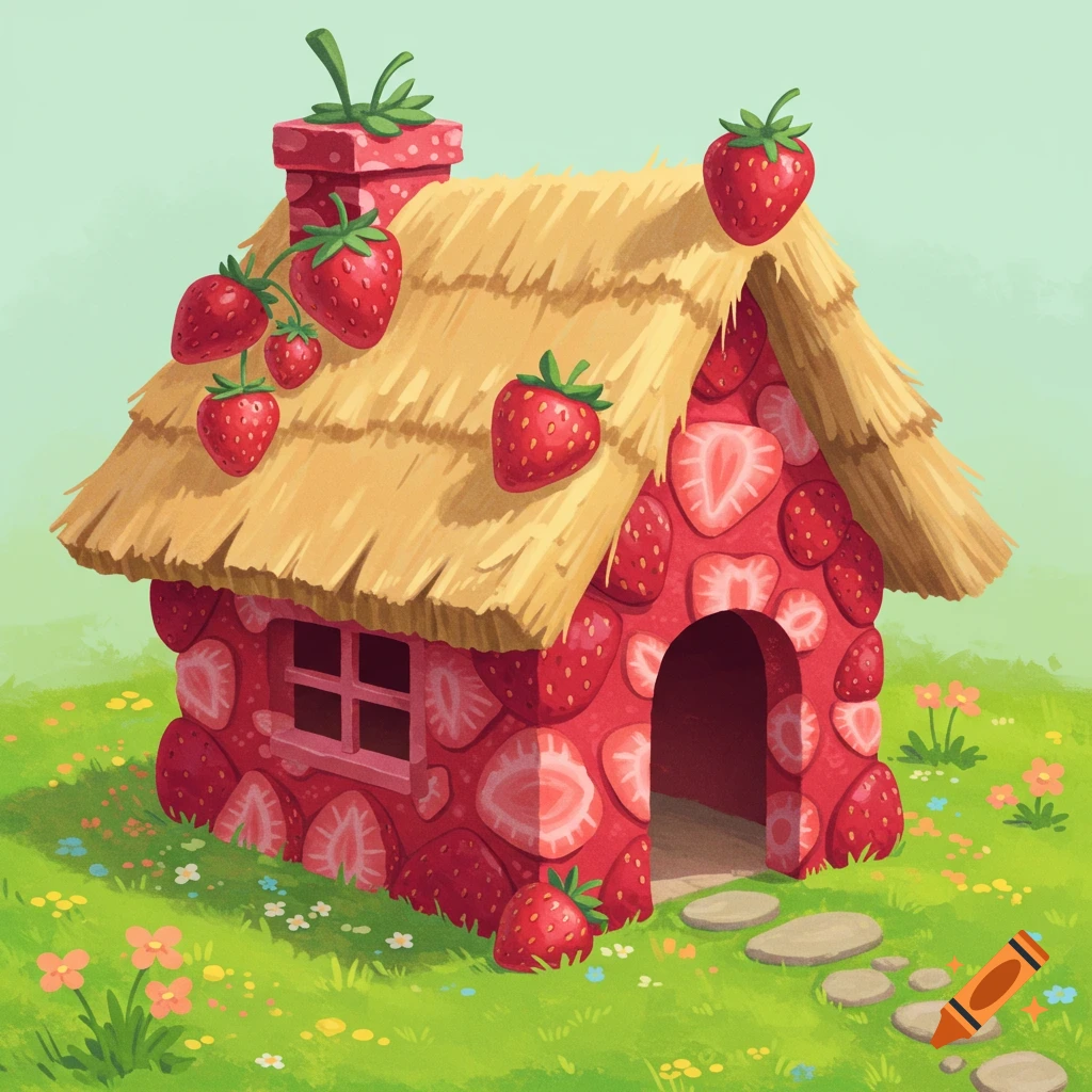 A whimsical house made of strawberries with a thatched roof in a grassy field.