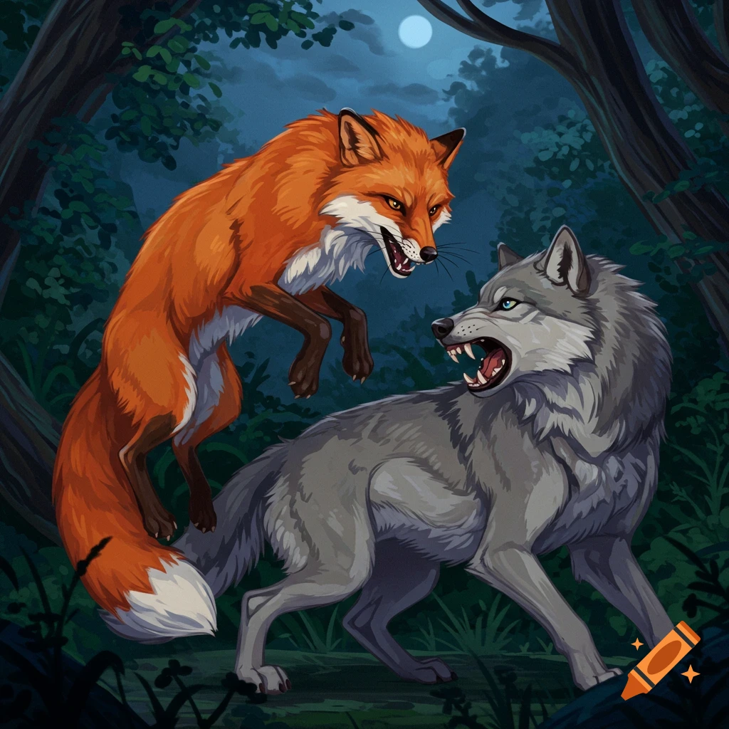 An orange fox leaping at a gray wolf in a dark forest under a full moon.