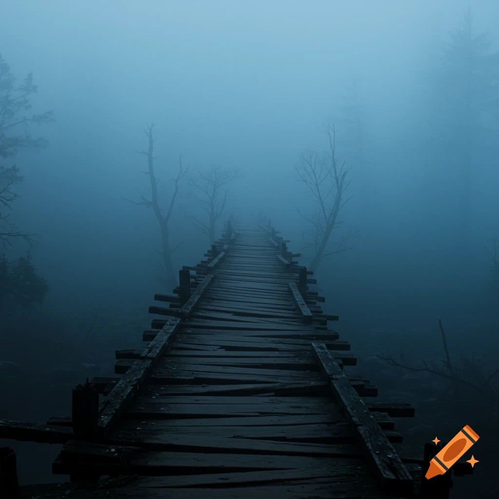 A wooden bridge extends into dense blue fog.