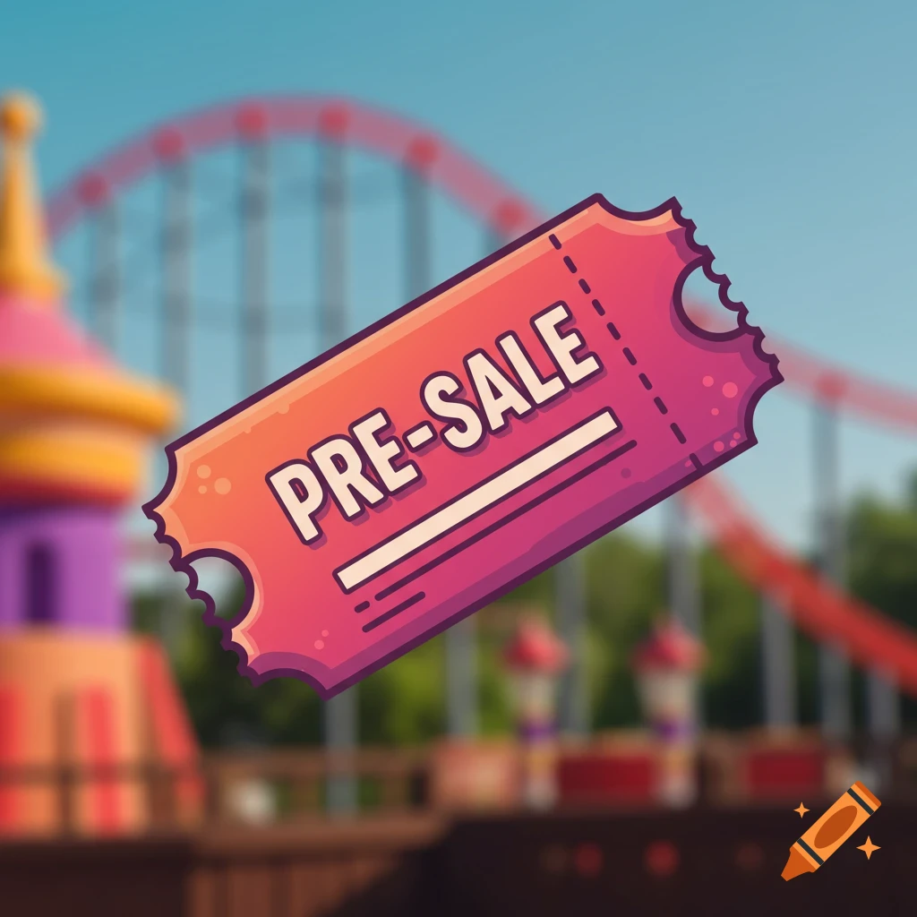 A stylized cartoon ticket with "PRE-SALE" written on it floats in front of a blurry theme park background with a roller coaster.