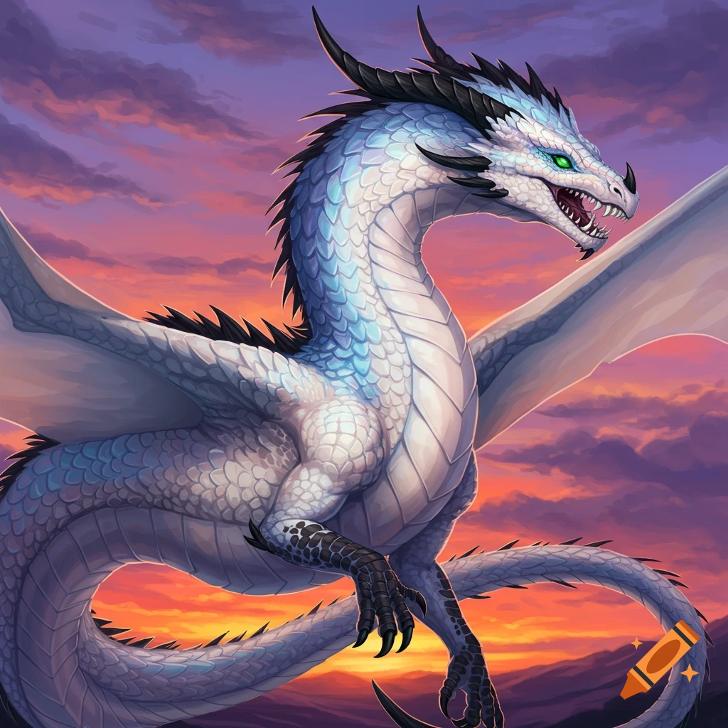 A white and blue dragon with black spots flying against a sunset sky.